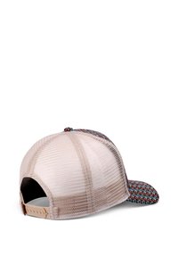 Cap featuring a multicolored patterned front and a beige mesh back. Adjustable strap at the rear. Rounded shape, suitable for casual wear.
