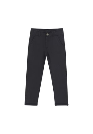 Zwarte, stretchy broek met een slim fit, voorzien van twee voorzakken, een knoopsluiting en een tailleband met lussen voor een riem. Eenvoudig ontwerp.