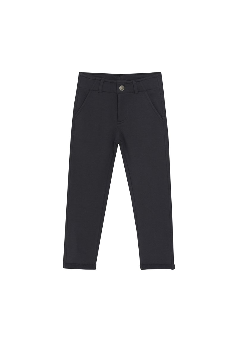 Zwarte, stretchy broek met een slim fit, voorzien van twee voorzakken, een knoopsluiting en een tailleband met lussen voor een riem. Eenvoudig ontwerp.