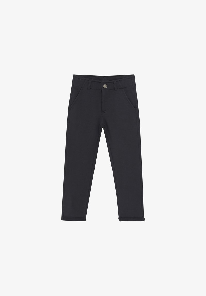 Schwarze, dehnbare Hose mit schlankem Schnitt, ausgestattet mit zwei Vordertaschen, einem Knopfverschluss und einem Bund mit Gürtelschlaufen. Schlichtes Design.