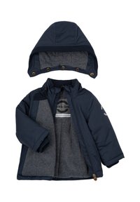 Veste d’hiver bleu marine avec capuche amovible, doublure polaire grise et fermeture éclair frontale, adaptée au temps froid.