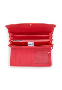 Red fabric wallet with a zippered compartment, multiple card slots, and a transparent ID window. Features a secure snap closure and logo label.