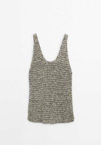 Débardeur tricoté sans manches avec un motif de maille lâche en tons beige et marron, posé à plat sur un fond blanc.