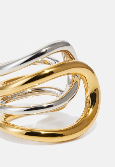 Üksteisega põimunud poleeritud metallrõngad, millel on siledad, kumerad pinnad kuldsetes ja hõbedastes toonides valgel taustal.