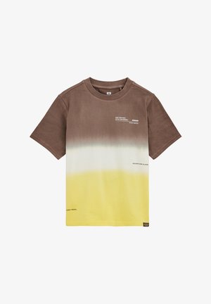 Kortærmet T-shirt med rund hals i brun, hvid og gul gradient med lille tekst, der lyder "Off the map" og "Adventure Island."