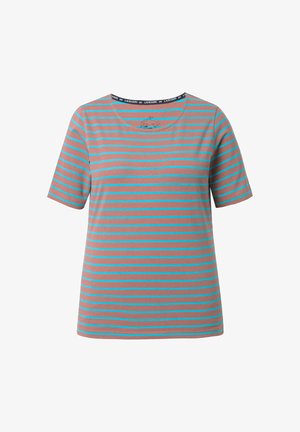 Brązowy t-shirt w paski z poziomymi turkusowymi liniami, z krótkimi rękawami i okrągłym dekoltem, z czarną metką z tyłu.