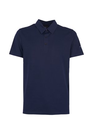 Donkerblauw poloshirt met korte mouwen, drie knopen en een klassieke kraag, getoond tegen een witte achtergrond.