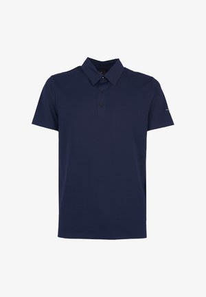 Donkerblauw poloshirt met korte mouwen, drie knopen en een klassieke kraag, getoond tegen een witte achtergrond.