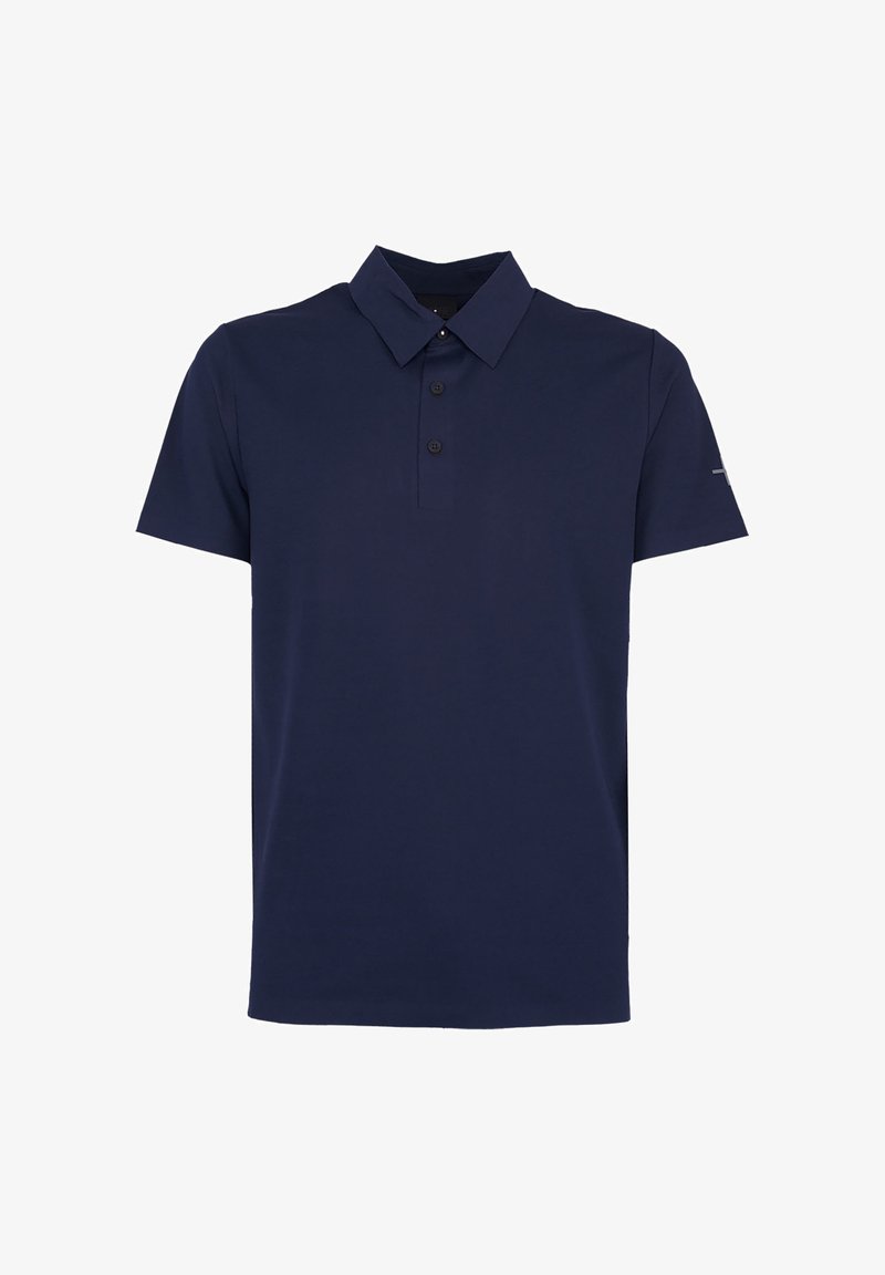 Polo bleu marine à manches courtes avec trois boutons et un col classique, présenté sur fond blanc.