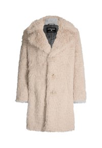Cappotto lungo in finta pelliccia beige con ampio colletto e due bottoni visibili, dotato di una foderatura interna nera con etichetta "Strellson."