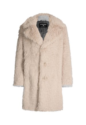 Cappotto lungo in finta pelliccia beige con ampio colletto e due bottoni visibili, dotato di una foderatura interna nera con etichetta "Strellson."