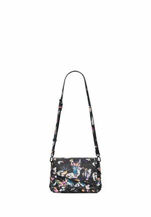 Black crossbody bag with adjustable strap and colorful floral and abstract print pattern on front flap and body.