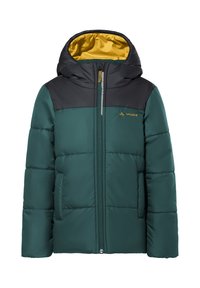 Grüne und schwarze Kinder-Puffyjacke mit einer gelb gefütterten Kapuze und Frontreißverschluss, ausgestattet mit zwei Seitentaschen und Vaude-Logo auf der Brust.