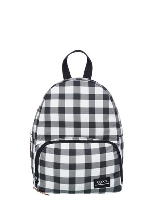 Black and white checked backpack with a rounded top, zippered front pocket, and adjustable straps. Features a logo tag at the bottom.