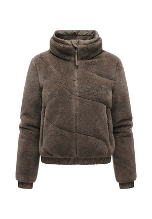 Braune flauschige Reißverschlussjacke mit hohem Kragen, langen Ärmeln und Seitentaschen, mit diagonal gesteppten Mustern sowie elastischem Saum und Bündchen.