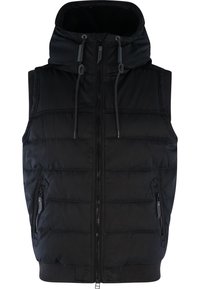 Gilet imbottito nero con zip anteriore, cappuccio regolabile, tasche laterali con zip e orlo a coste. Texture liscia con dettaglio di cuciture orizzontali.