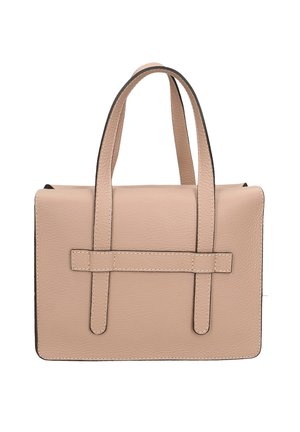 Beige rectangular leather handbag with double top handles and a horizontal strap detail on the front, featuring visible stitching and a textured surface.