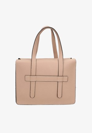 Sac à main rectangulaire en cuir beige avec doubles poignées supérieures et une sangle horizontale en détail sur le devant, présentant des coutures visibles et une surface texturée.