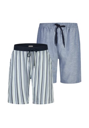 Zwei Herren-Shorts mit Kordelzug; eine mit vertikalen Streifen in Marineblau, Weiß und Grün, die andere einfarbig hellblau mit einem marineblauen Kordelzug am Bund.