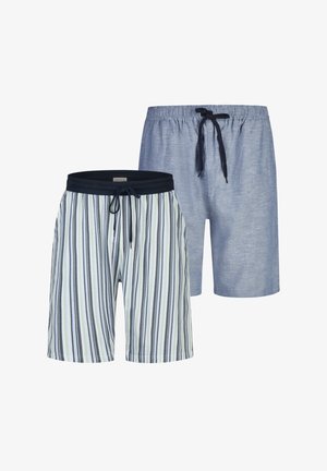 Zwei Herren-Shorts mit Kordelzug; eine mit vertikalen Streifen in Marineblau, Weiß und Grün, die andere einfarbig hellblau mit einem marineblauen Kordelzug am Bund.