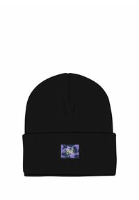 Black beanie hat with a ribbed texture, featuring a folded cuff and a rectangular patch displaying a purple and green logo.