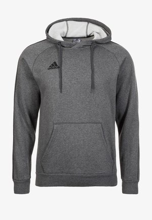 Grauer Hoodie mit Kängurutasche, verstellbarem Kordelzug am Kapuzenbereich und weißem Innenfutter. Mit schwarzem Adidas-Logo auf der Brust.