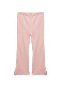 Leggings rose pâle en tissu doux et côtelé. Présentent un design ajusté avec des fentes sur les côtés en bas pour un détail supplémentaire.