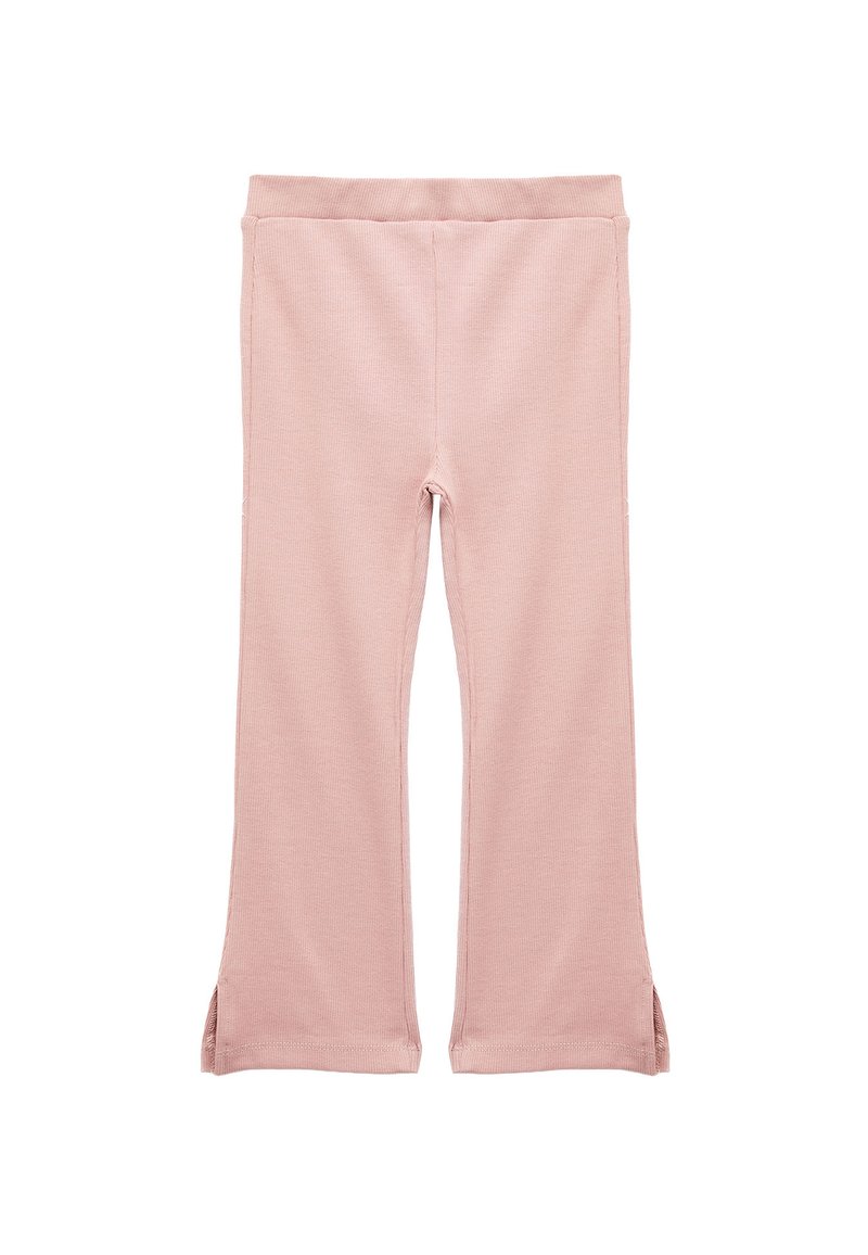 Leggings rose pâle en tissu doux et côtelé. Présentent un design ajusté avec des fentes sur les côtés en bas pour un détail supplémentaire.