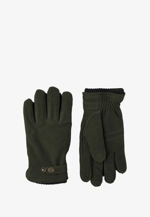 Par af mørkegrønne læderhandsker med justerbar håndledsrem og blød elastisk manchet, vist forfra og bagfra.