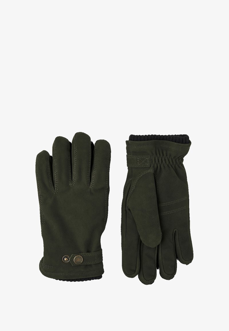 Par af mørkegrønne læderhandsker med justerbar håndledsrem og blød elastisk manchet, vist forfra og bagfra.