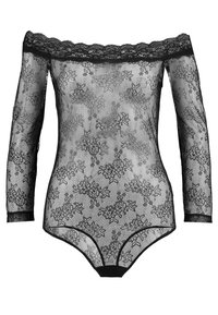 Mustasa lace-bodysuit pitkällä hihalla ja olkaimeton design. Sisältää kukkakuvioita ja joustavat reunat. Läpinäkyvä rakenne.