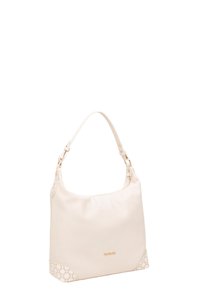 Weiße Ledertasche mit Schulterriemen in runder Form, mit strukturiertem Boden und goldenen Beschlägen. Mit einem dezenten Muster an den unteren Ecken verziert.