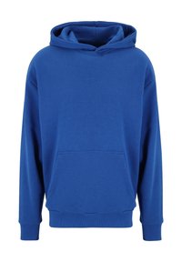 Sudadera de algodón azul con un espacioso bolsillo tipo canguro, mangas largas y capucha con cordón. Textura suave y puños y dobladillo acanalados.