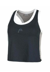 Sportliches Tanktop in Marineblau und Grau mit weißem Saum. Hat einen Rundhalsausschnitt und ein asymmetrisches Rückendesign. Aus glattem Stoff gefertigt.