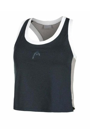 Atletisch tanktop in marineblauw en grijs met een witte rand. Heeft een ronde hals en een asymmetrisch ontwerp aan de achterkant. Gemaakt van een gladde stof.