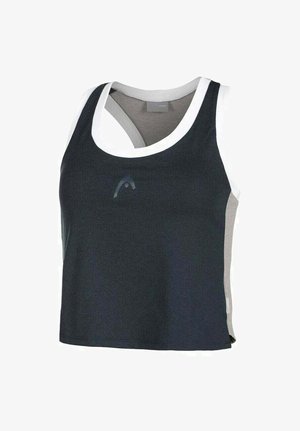Athletic tank top in navy and gray with a white trim. Features a scoop neckline and an asymmetrical back design. Made from a smooth fabric.