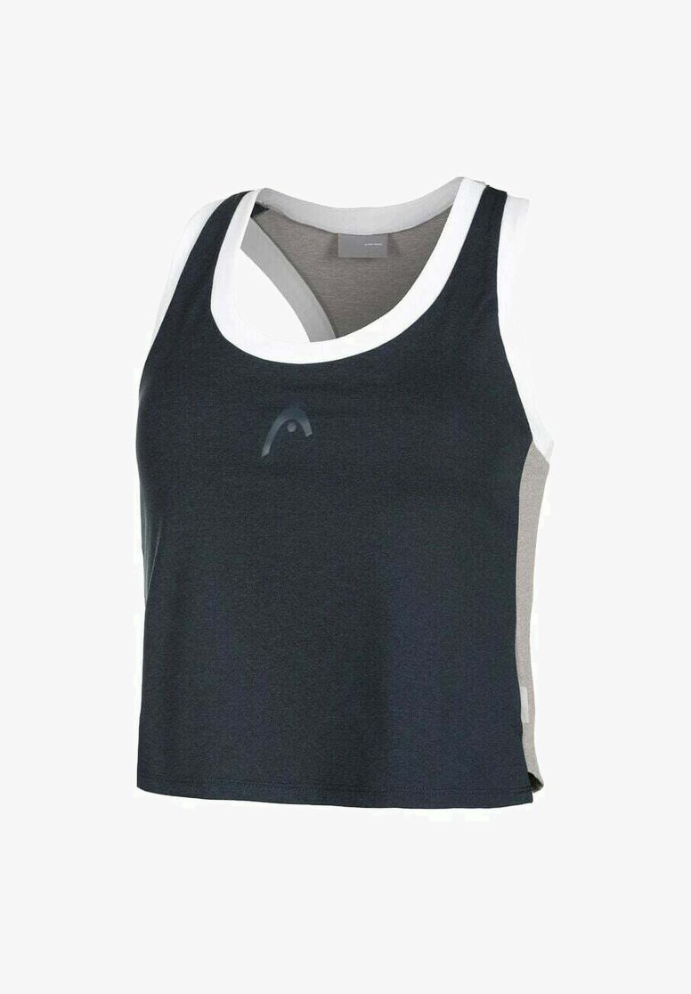 Sportliches Tanktop in Marineblau und Grau mit weißem Saum. Hat einen Rundhalsausschnitt und ein asymmetrisches Rückendesign. Aus glattem Stoff gefertigt.