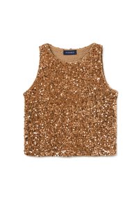 Goldfarbene Pailletten-Tanktops mit rundem Ausschnitt und ärmellosem Design. Der Stoff ist dicht mit glänzenden Pailletten bedeckt, was eine strukturierte Optik erzeugt.