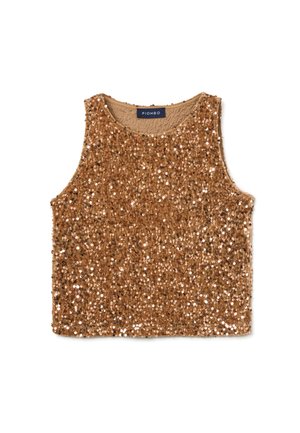 Gouden pailletten tanktop met een ronde halslijn en mouwloos ontwerp. De stof is dicht bedekt met glanzende pailletten, waardoor een gestructureerde uitstraling ontstaat.