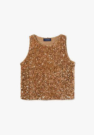 Gouden pailletten tanktop met een ronde halslijn en mouwloos ontwerp. De stof is dicht bedekt met glanzende pailletten, waardoor een gestructureerde uitstraling ontstaat.