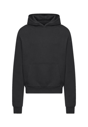 Schwarzer, verkürzter Hoodie mit einer vorderen Kängurutasche, einer mit Zugband verstellbaren Kapuze und gerippten Bündchen, hergestellt aus weichem Stoff.