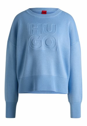 Light blue knitted sweater with a round neckline, featuring a textured "HUGO" logo, drop shoulders, and ribbed cuffs and hem.