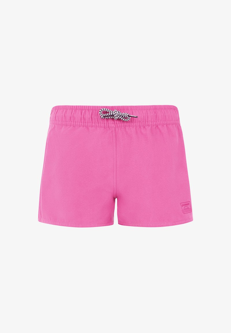 Roze kupaće kratke hlače napravljene od glatkog materijala s elastičnom elastikom u struku i crno-bijelim vezicom. Uključuju logotip na rubu.