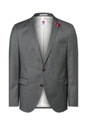 Gray tailored blazer with a subtle textured pattern, single-breasted design, two brown buttons, and a decorative burgundy lapel pin.