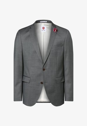 Gray tailored blazer with a subtle textured pattern, single-breasted design, two brown buttons, and a decorative burgundy lapel pin.