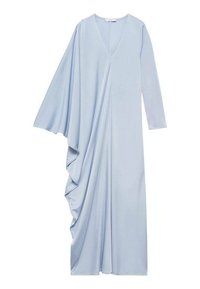 Light blue dress made of smooth fabric; features a V-neck, asymmetric long sleeve, and draped detailing on one side.