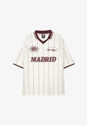 White mesh polo shirt with maroon stripes, collar, and accents. Features “MADRID” in bold at the chest and sun emblem on the left.