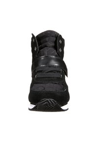Black athletic shoe with suede upper, padded collar, laces, and a Velcro strap. Features rubber outsole with textured grip and white accents.