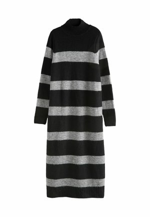 Longue robe en maille avec des rayures horizontales noires et grises, manches longues et col montant.