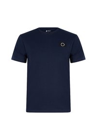 Marineblaue Kurzarm-T-Shirt aus Baumwolle. Mit einem quadratischen schwarzen Patch mit einem weißen kreisförmigen Design auf der linken Brust. Runde Ausschnitt.